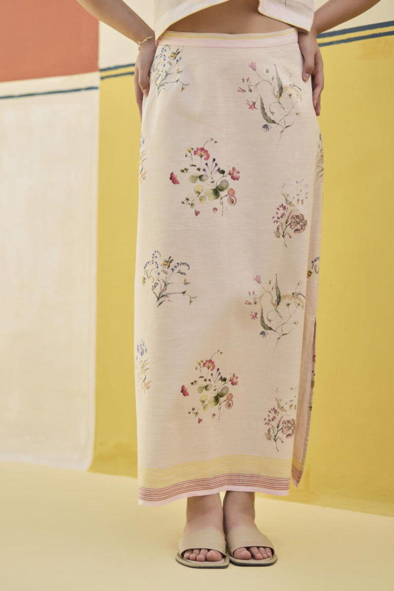 Leena Watercolour Floral Skirt - Sand linen by Manan in natural color for women in Singapore