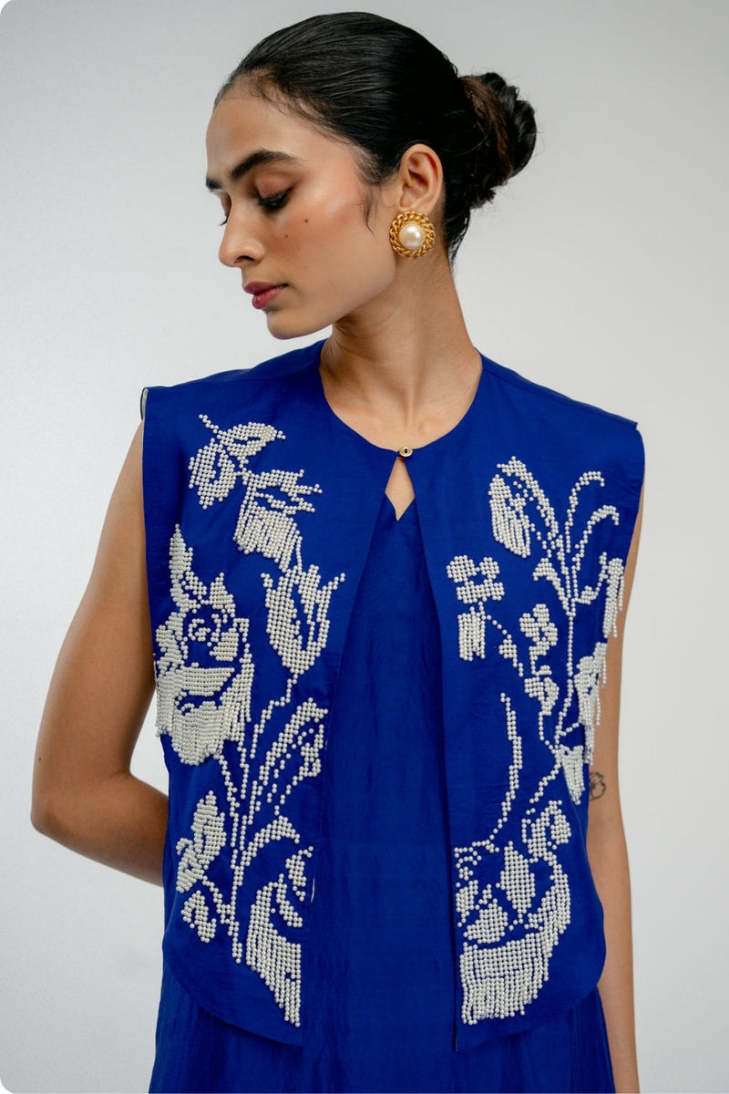 Dear One Bib mulberry silk jacket/overlay by Ode to Odd in blue for women in Singapore