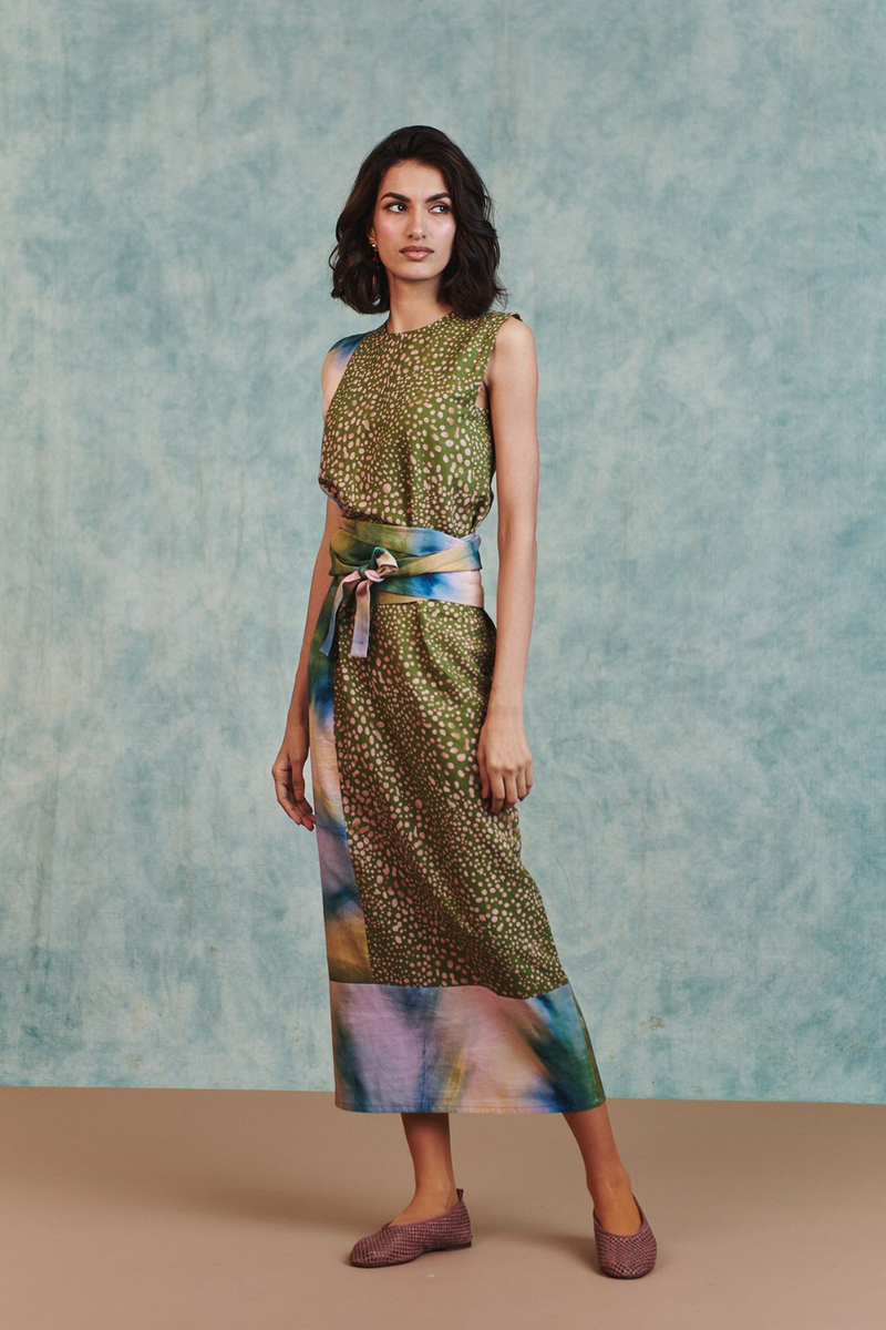 Prism Blot Co Linen Tie Dress cotton linen dress by Saphed in green for women in Singapore