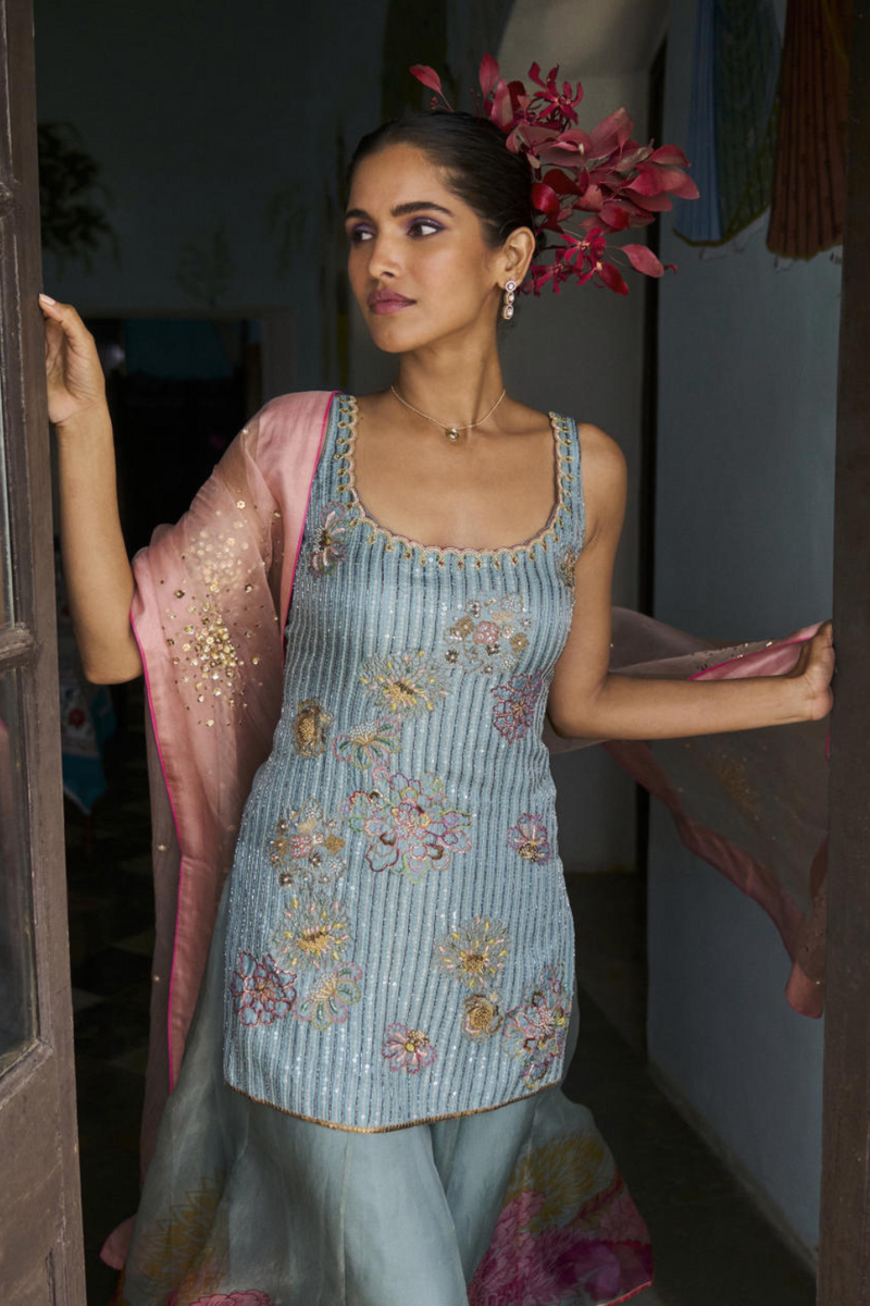 GUL ICE BLUE SEQUIN KURTA SHARARA SET silk by Rajiramniq for women in Singapore