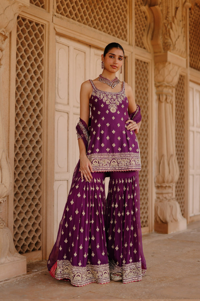 Shahbano-Deep Purple Kurta Set With Garara And Dupatta silk chanderi, silk organza kurta/kurta set by SHEETAL BATRA in purple for women in Singapore
