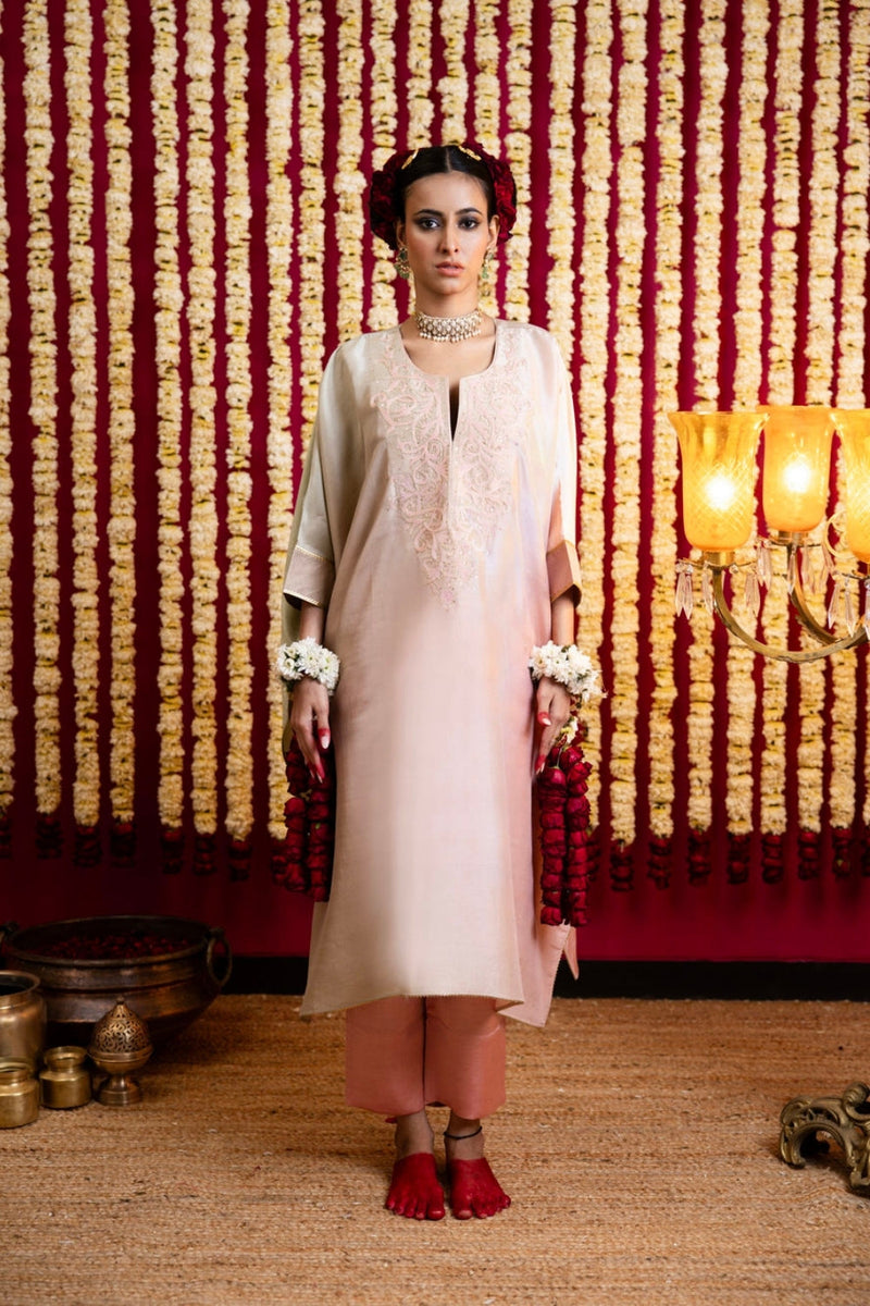 3D Shaded Silk Pastel Tunic & Pant Set-Peach silk kurta/kurta set by Sabo by Sabina in peach for women in Singapore