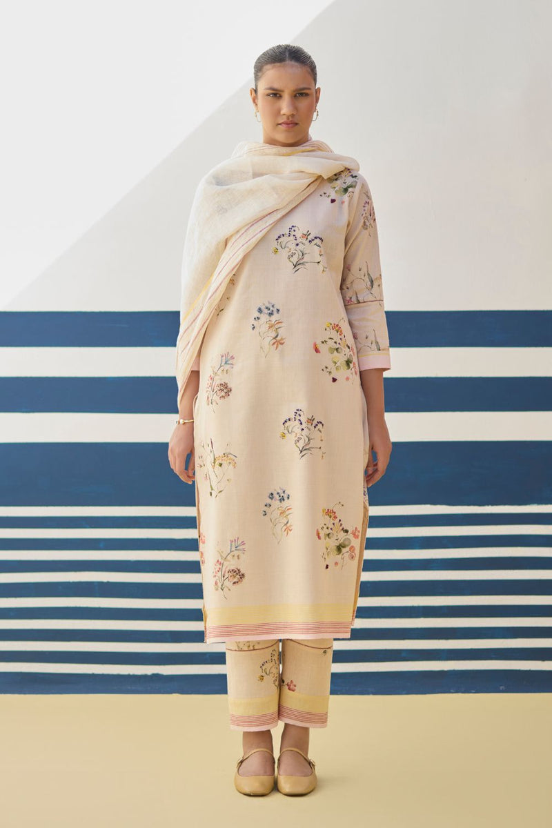 Kera Floral Embroidered Kurta Set
 - Sand linen by Manan in natural color for women in Singapore