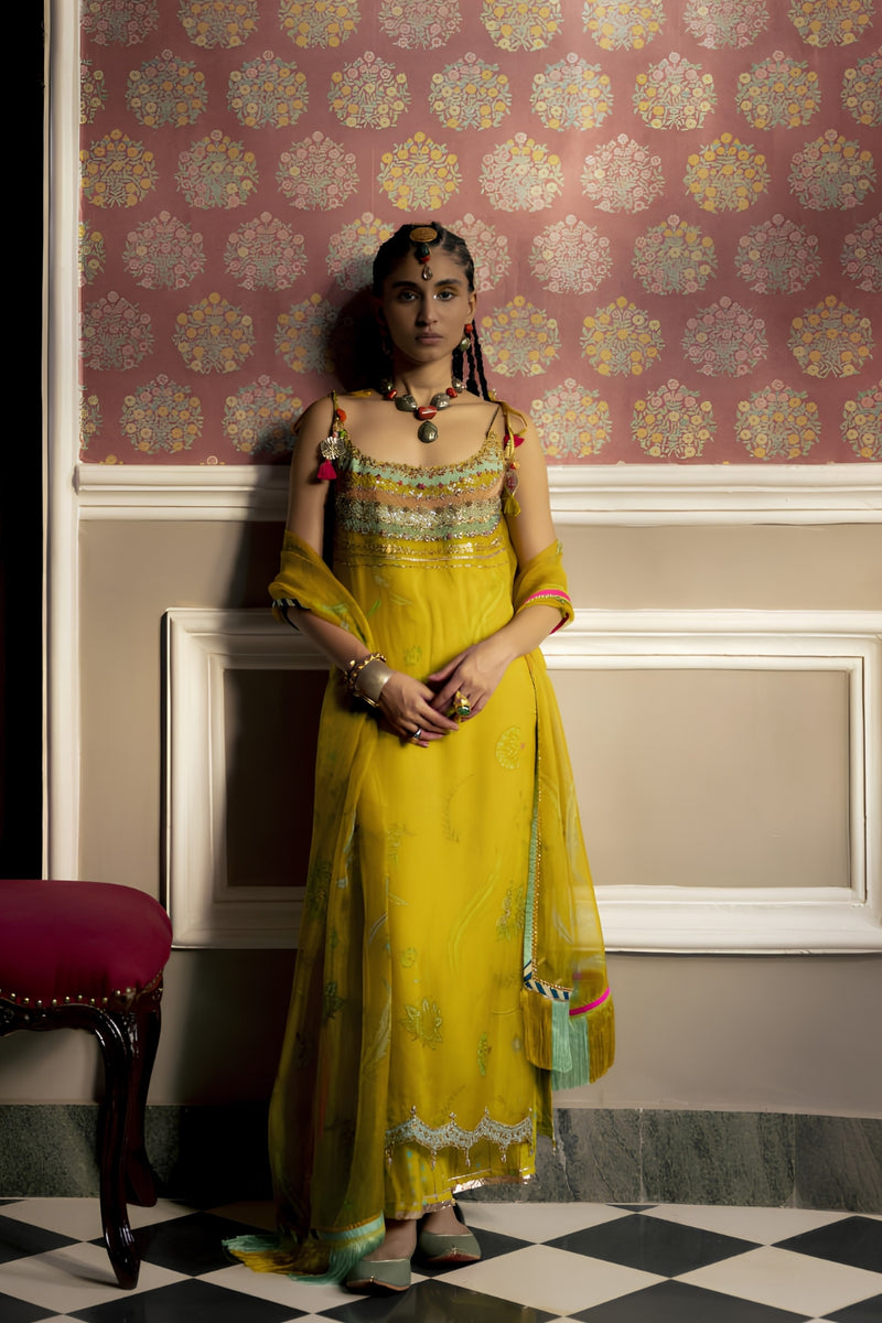 Fariba Lime Yellow Oganza Kurta Set
