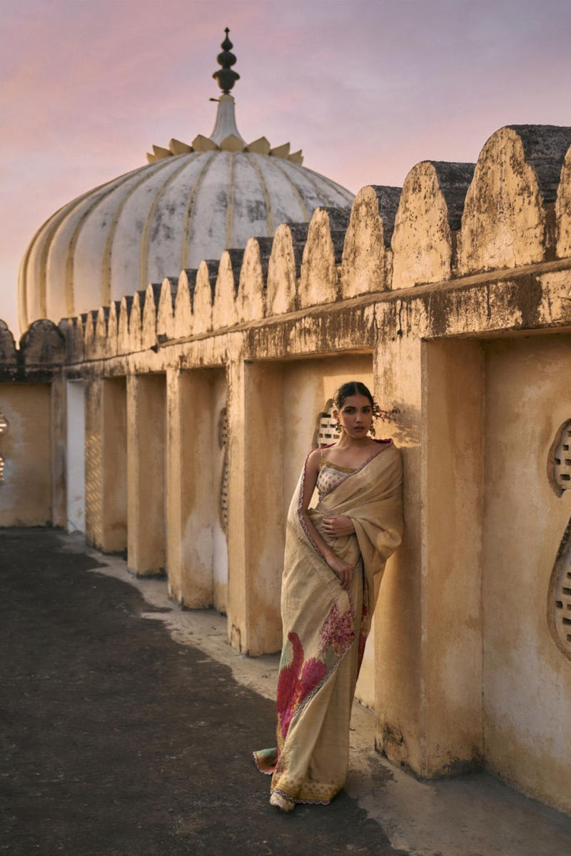 GUL IVORY FLORAL TISSUE SARI silk by Rajiramniq for women in Singapore