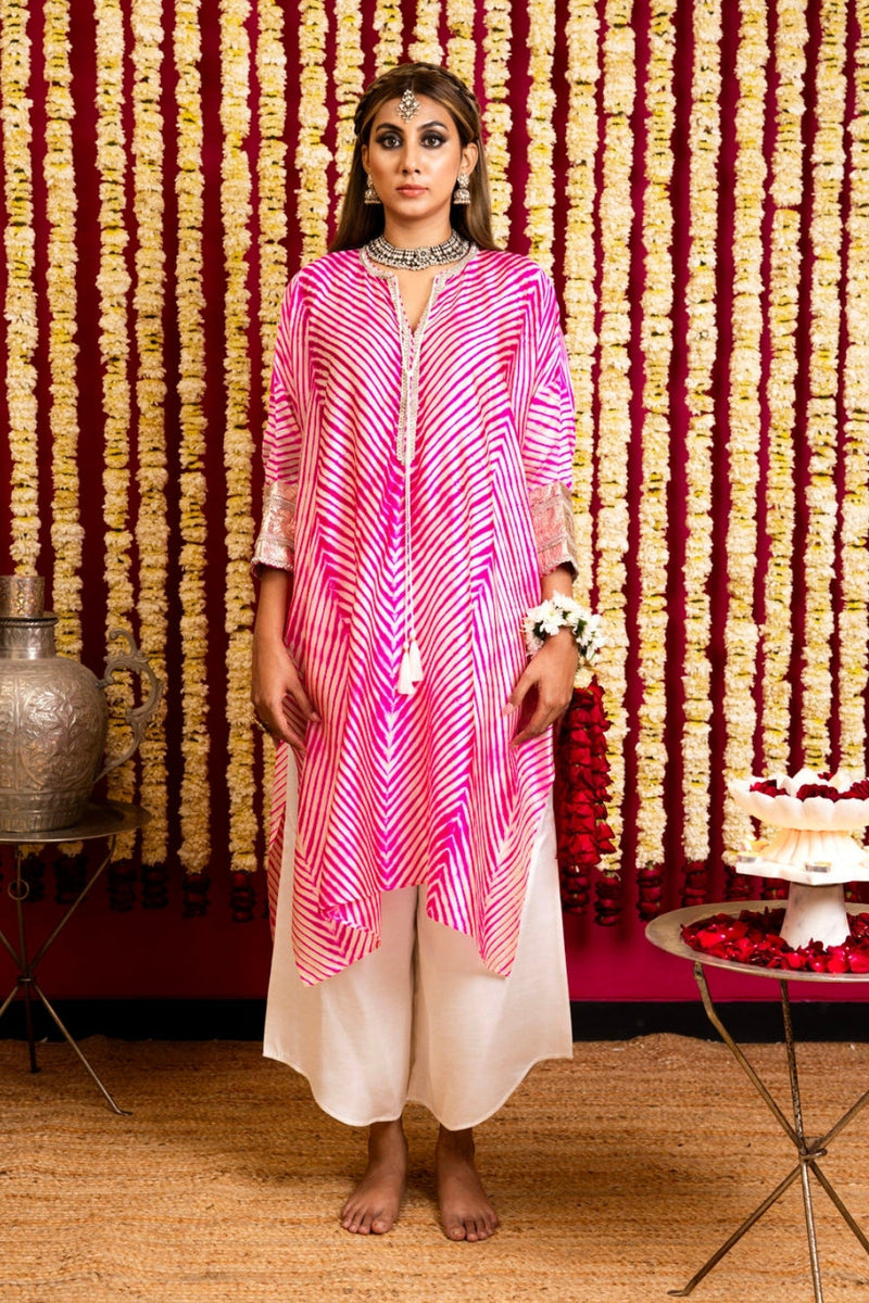 Leheriya Silk 1 Tunic & Pant Set-Hot Pink leheriya silk kurta/kurta set by Sabo by Sabina in pink for women in Singapore