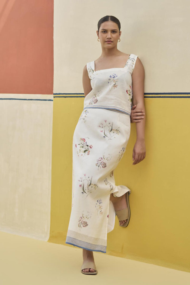 Leena Watercolour Floral Skirt - Ivory linen by Manan in ivory color for women in Singapore