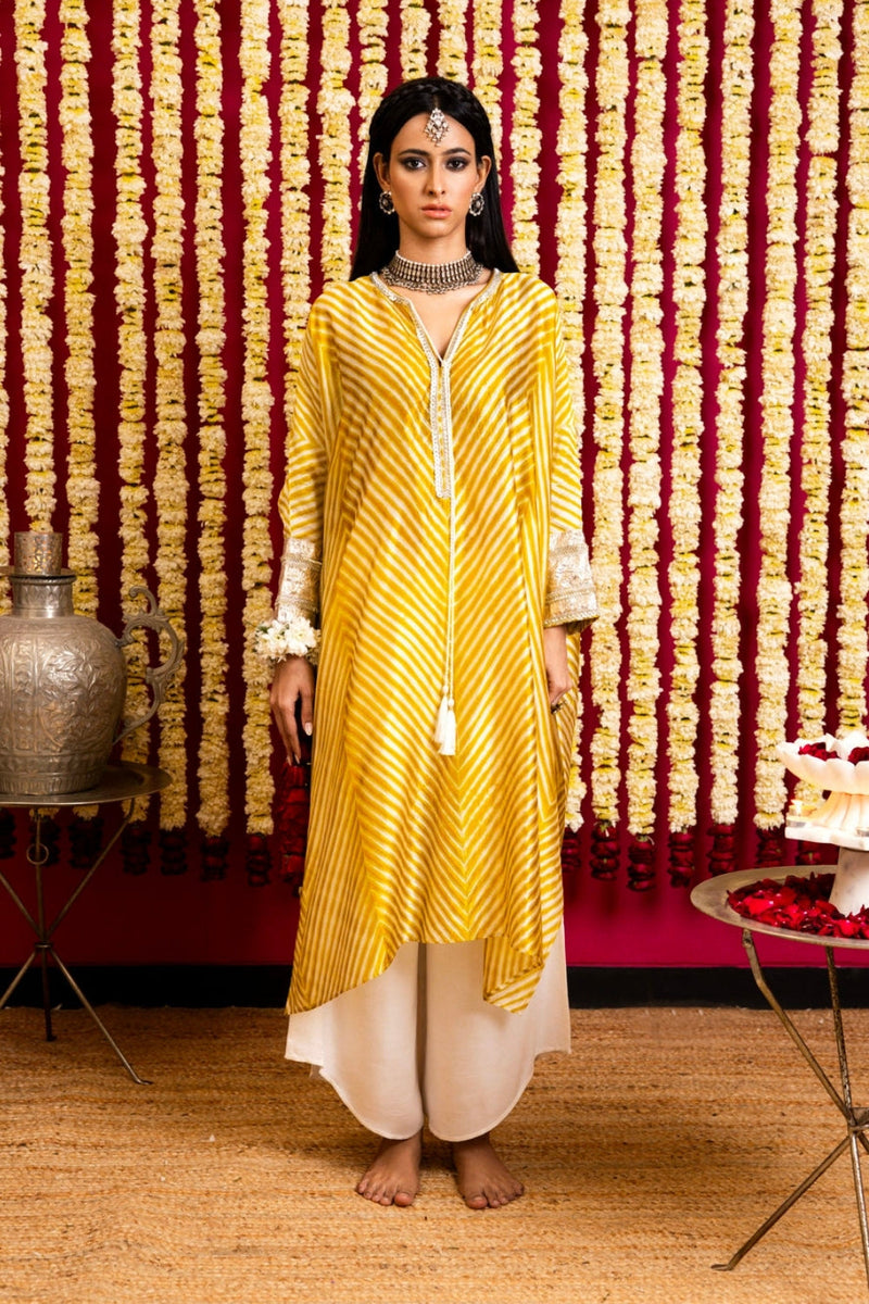 Leheriya Silk 1 Tunic & Pant Set-Mustard leheriya silk kurta/kurta set by Sabo by Sabina in yellow for women in Singapore