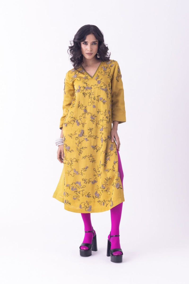 Nav-Kurta linen blend kurta/kurta set by Shades of India in mustard for women in Singapore