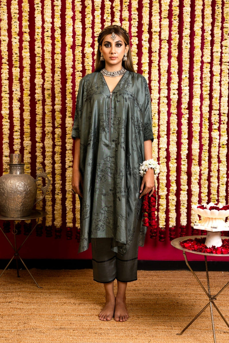 Silk Thread Work Tunic & Pant Set-Teal Blue silk thread work kurta/kurta set by Sabo by Sabina in blue for women in Singapore