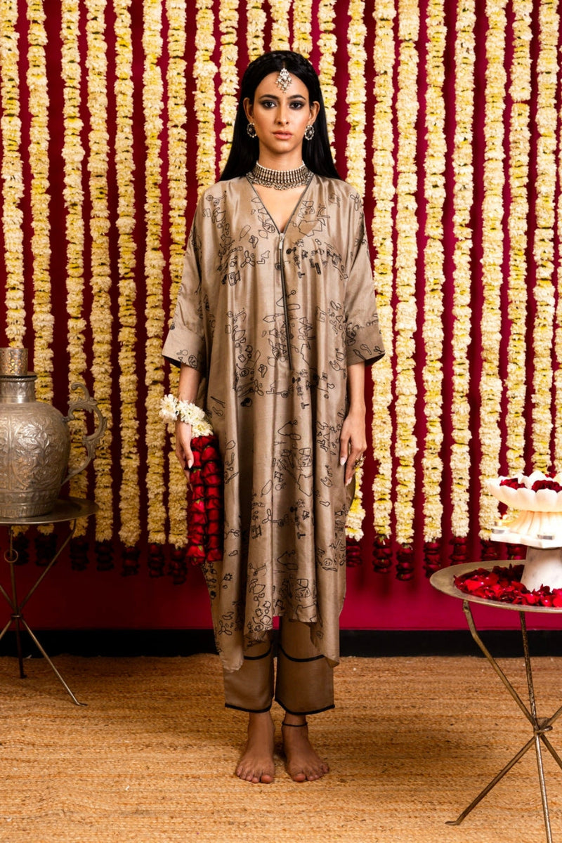 Silk Thread Work Tunic & Pant Set-Khaki / Beige silk thread work kurta/kurta set by Sabo by Sabina in beige for women in Singapore