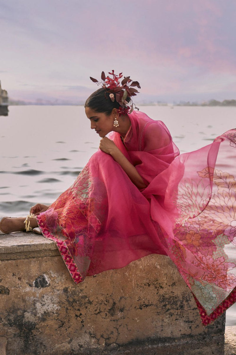 GUL FUSHIA ROSE PINK FLORAL PRINTED ORGANZA SARI organza by Rajiramniq for women in Singapore