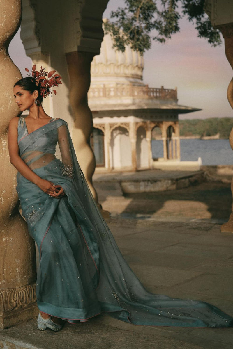 GUL ICE BLUE SEQUIN FLOWER SARI organza by Rajiramniq for women in Singapore