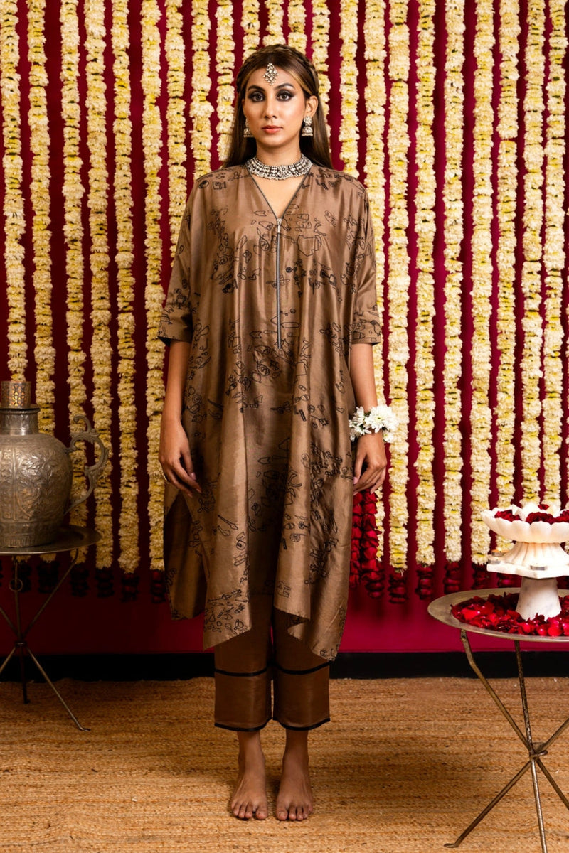 Silk Thread Work Tunic & Pant Set-Coffee silk thread work kurta/kurta set by Sabo by Sabina in brown for women in Singapore