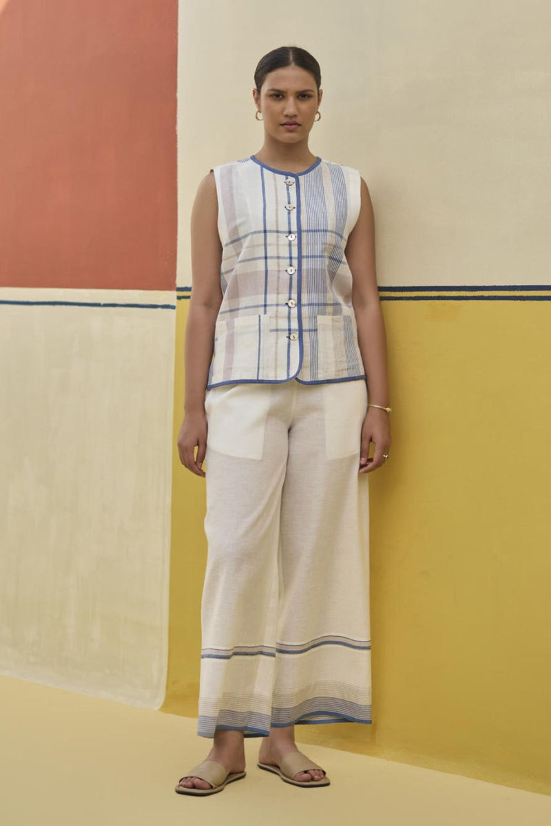 Dana Check Linen Waistcoat - Ivory linen by Manan in ivory color for women in Singapore