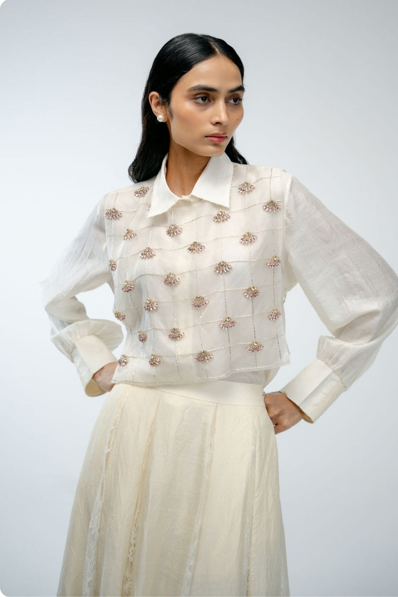 Our Story Bib organza jacket/overlay by Ode to Odd in off white for women in Singapore