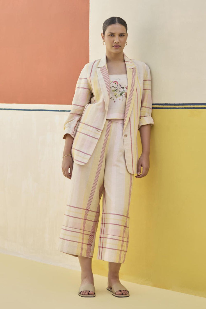 Karuna Check Linen Pant - Sand linen by Manan in natural color for women in Singapore