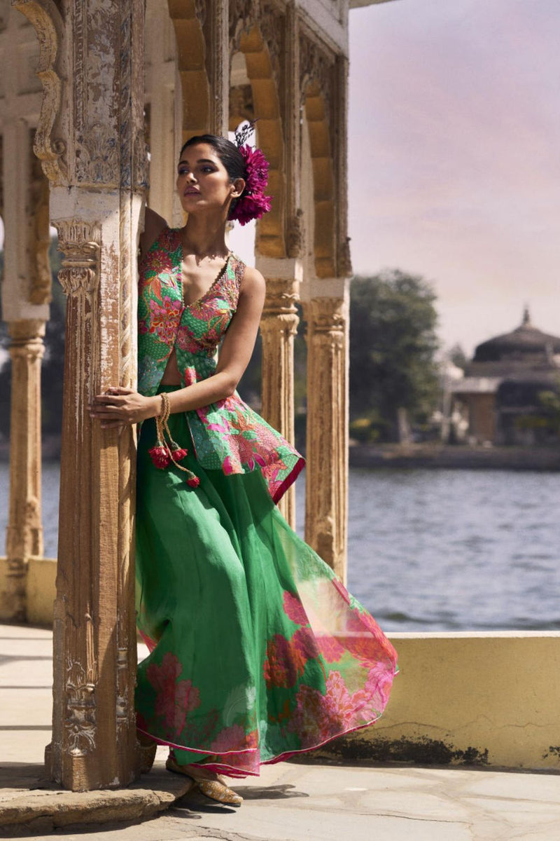 GUL GREEN PEPLUM SHARARA SET by Rajiramniq for women in Singapore
