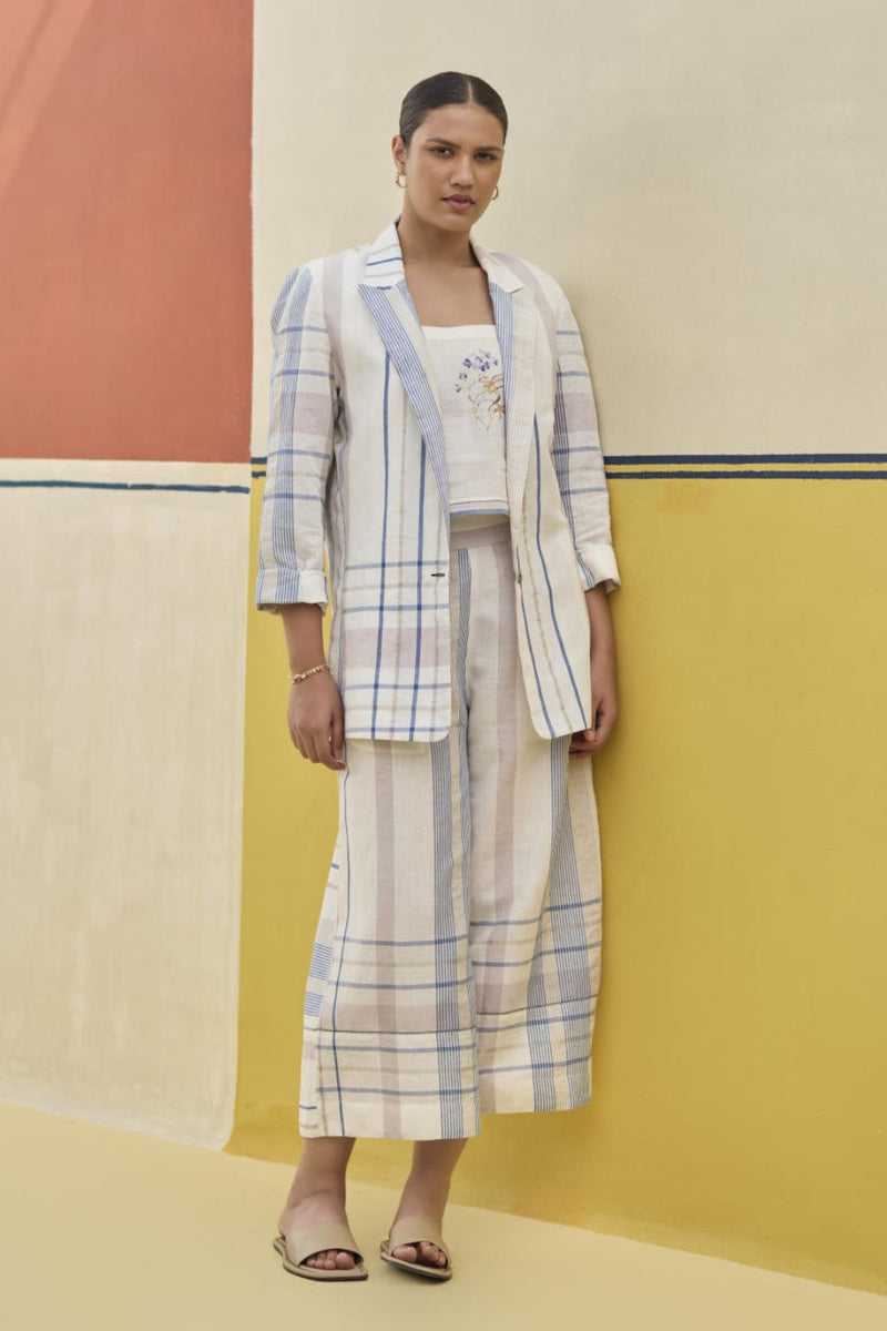 Karuna Check Linen Pant - Ivory linen by Manan in ivory color for women in Singapore