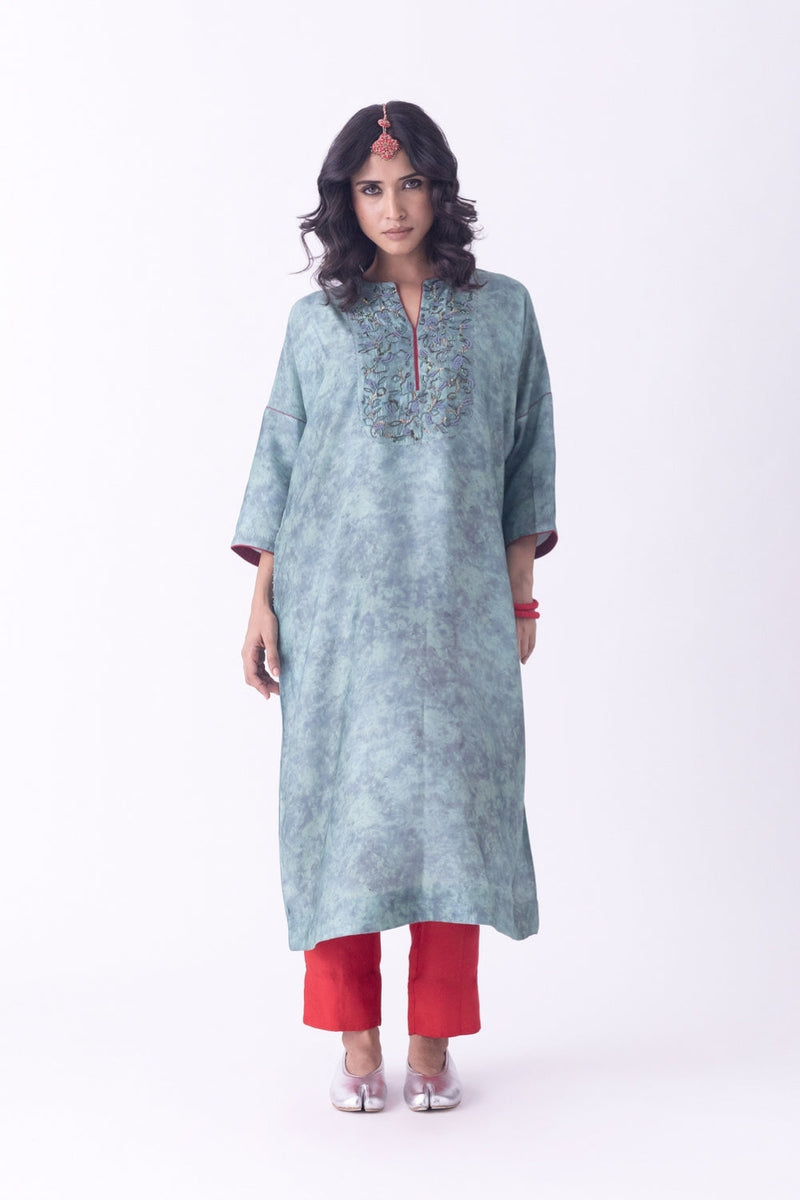 Dhara-Kaftan silk blend indo-western by Shades of India in teal for women in Singapore