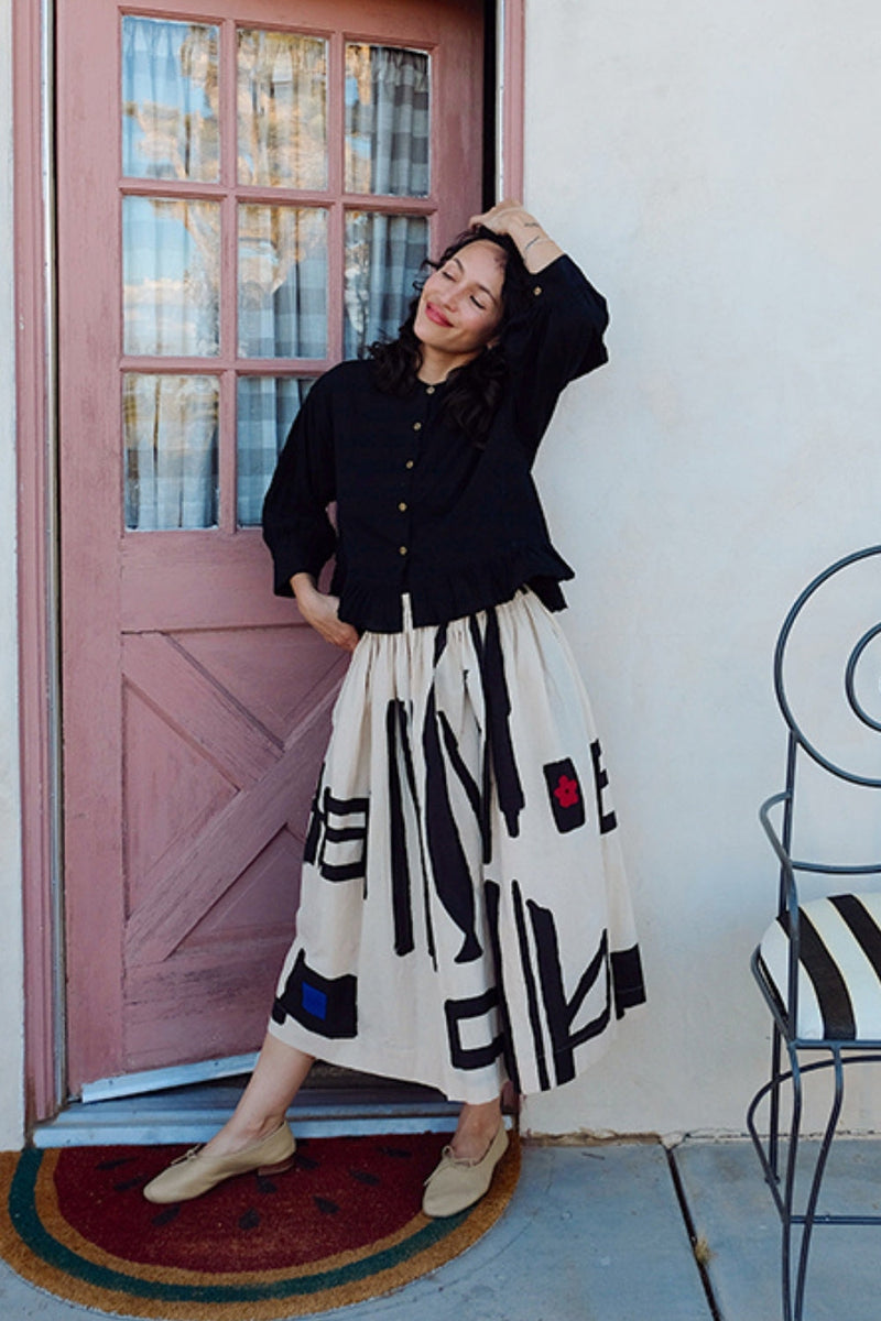 The Joy Skirt-Symbolic handwoven cotton skirt by World of Crow in beige,black for women in Singapore