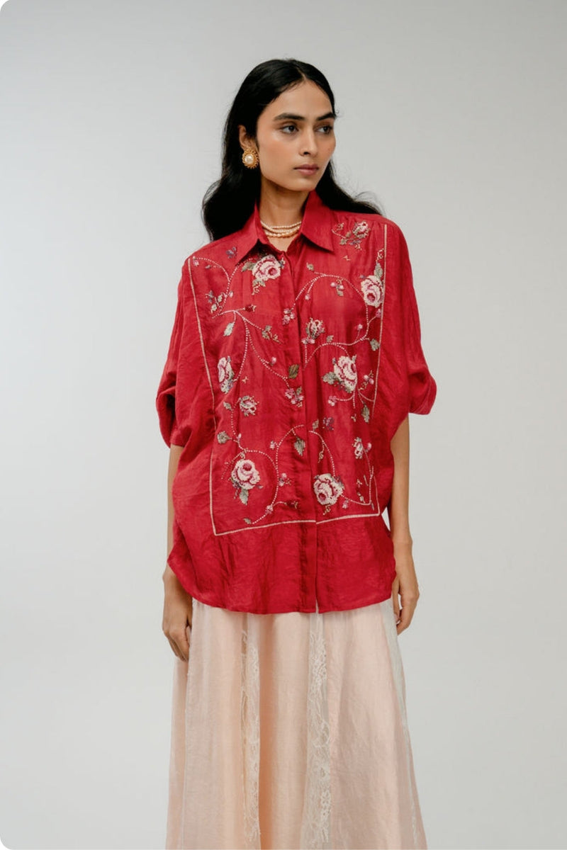 Forgotten Bloom Shirt mulberry silk top/shirt by Ode to Odd in red for women in Singapore