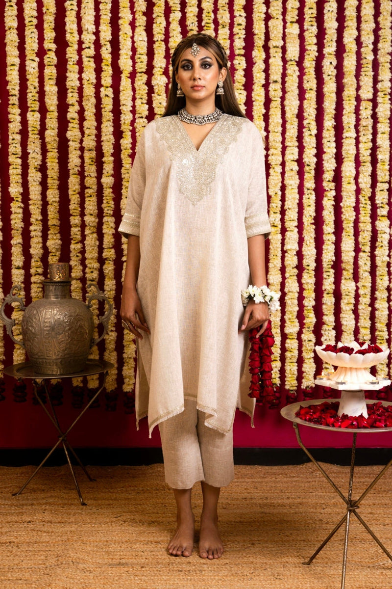 Khaki Linen Square Tunic -V Neckline khaki linen kurta/kurta set by Sabo by Sabina in beige for women in Singapore