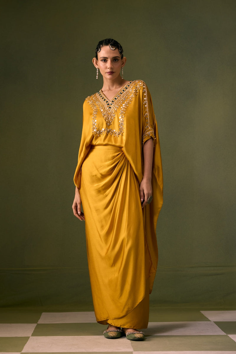 Nexa Antifit Top with Wrap Skirt vegan satin indo-western by PRAHNAAYA in musturd yellow for women in Singapore