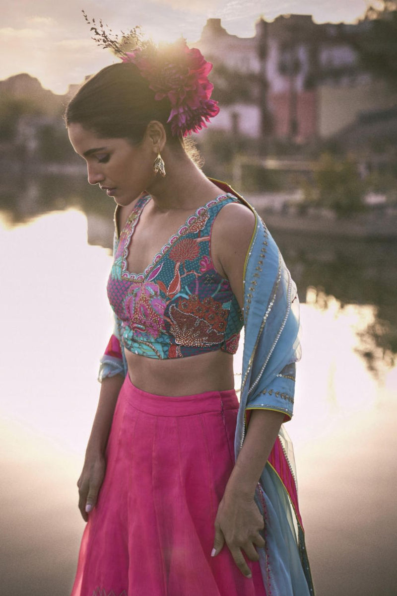 GUL FUSHIA ROSE PINK FLORAL LAHENGA SET by Rajiramniq for women in Singapore