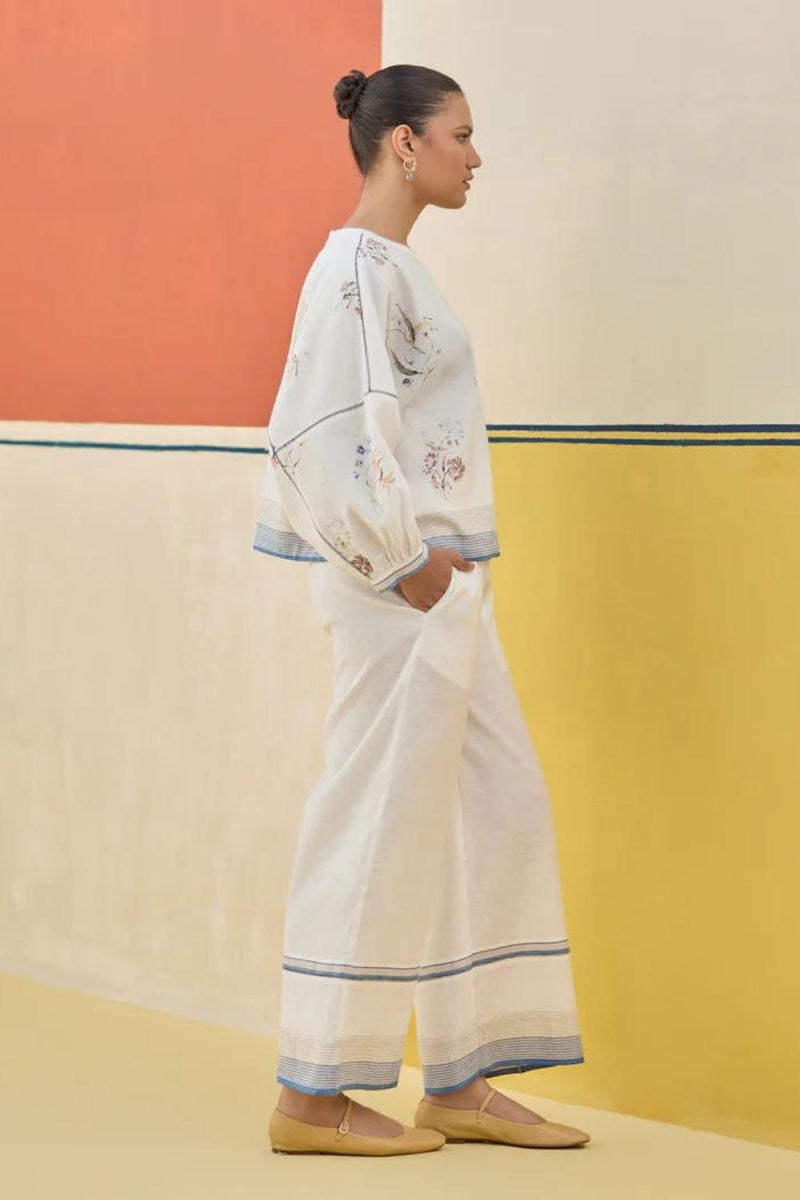 Lyla Stripe Border Pant - Sky linen by Manan in blue color for women in Singapore