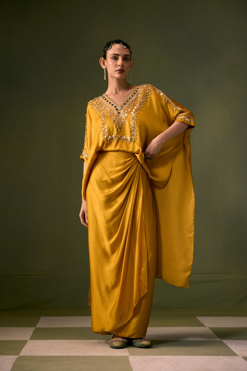 Nexa Antifit Top with Wrap Skirt vegan satin indo-western by PRAHNAAYA in musturd yellow for women in Singapore