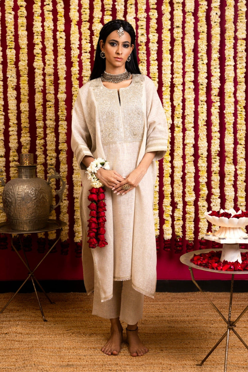 Khaki Linen Square Tunic - Square neckline khaki linen kurta/kurta set by Sabo by Sabina in beige for women in Singapore