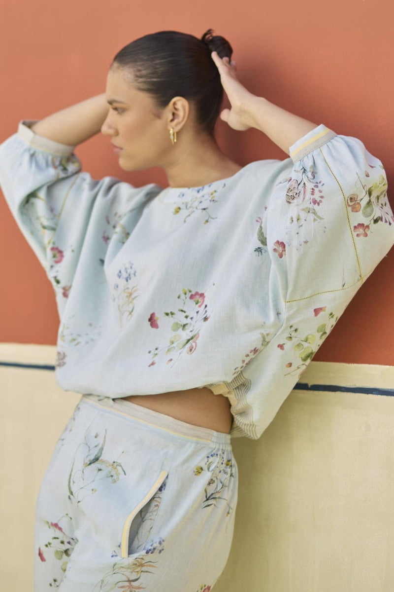Myra Watercolor Floral Top - Sky linen by Manan in blue color for women in Singapore