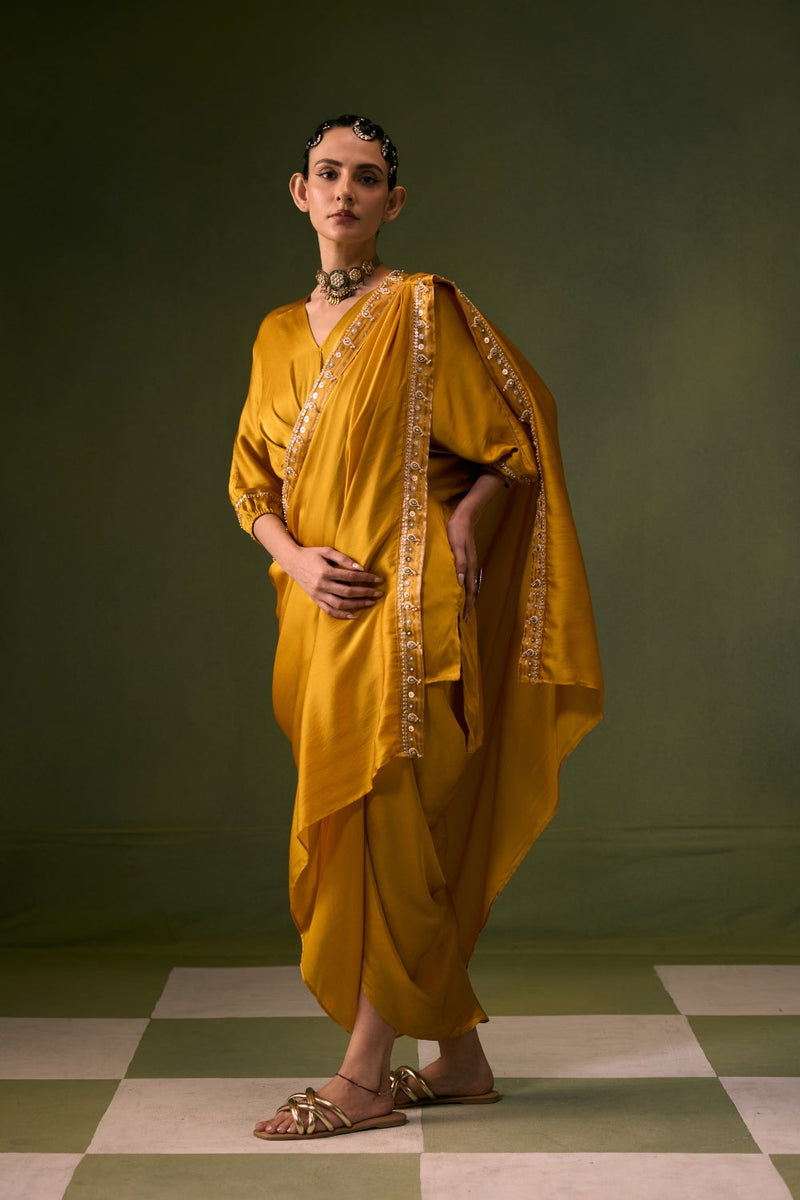Moro Toga Drape Dress vegan satin, organza satin sarees by PRAHNAAYA in musturd yellow for women in Singapore