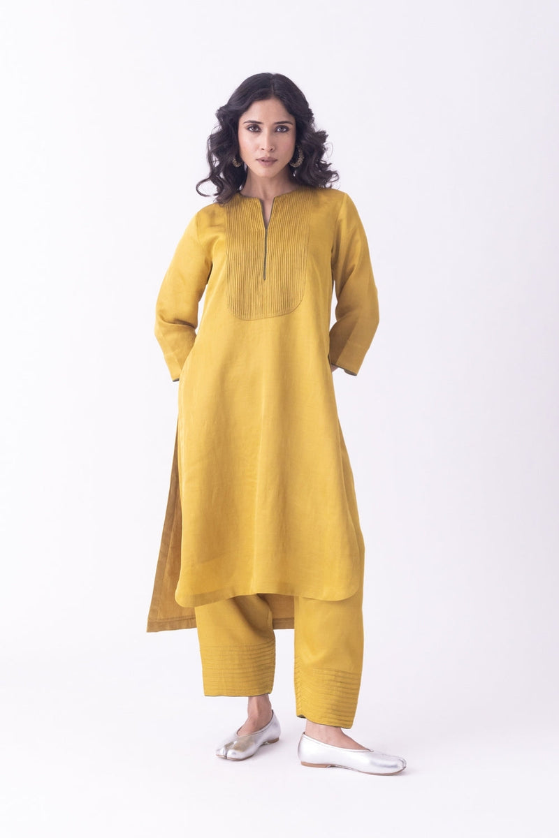 Bind-Kurta linen blend kurta/kurta set by Shades of India in musturd for women in Singapore