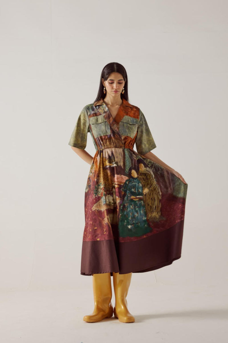 Print Blocked Dress-High Tea cotton by CORD in multi for women in Singapore