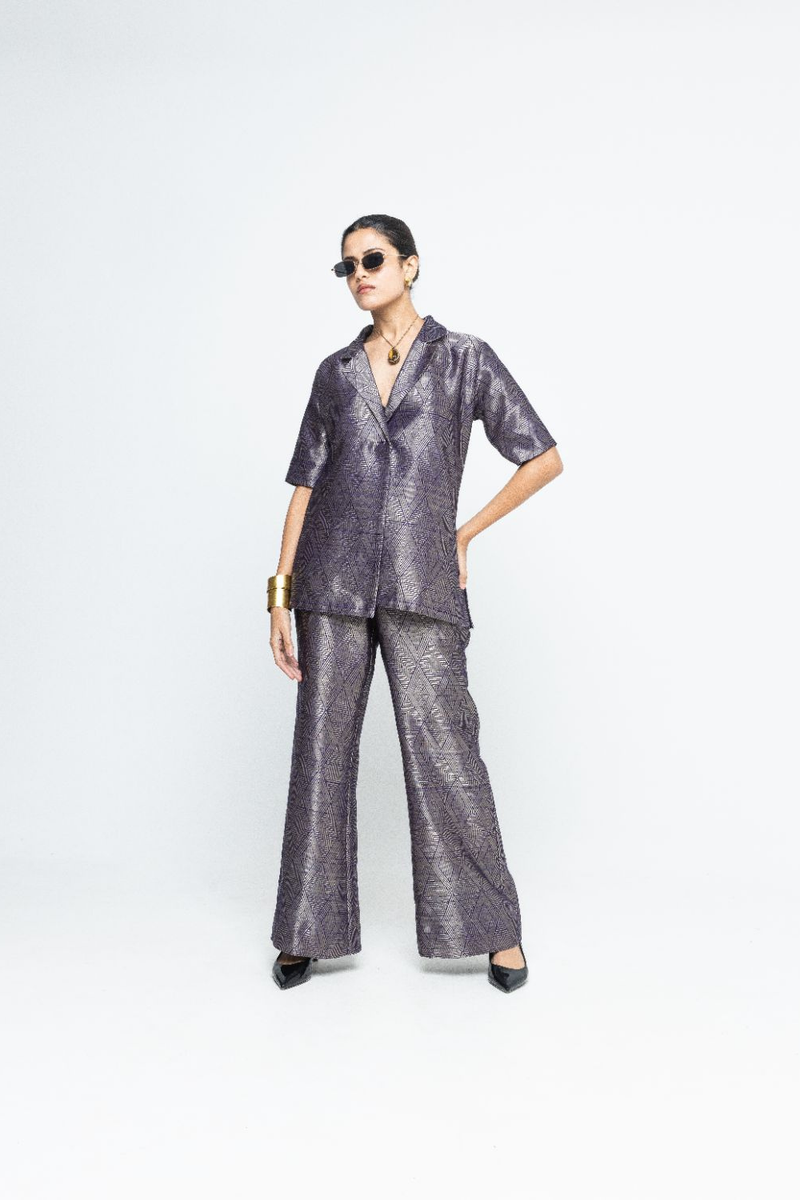 Metallic Purple Wrap Blazer Set - Purple