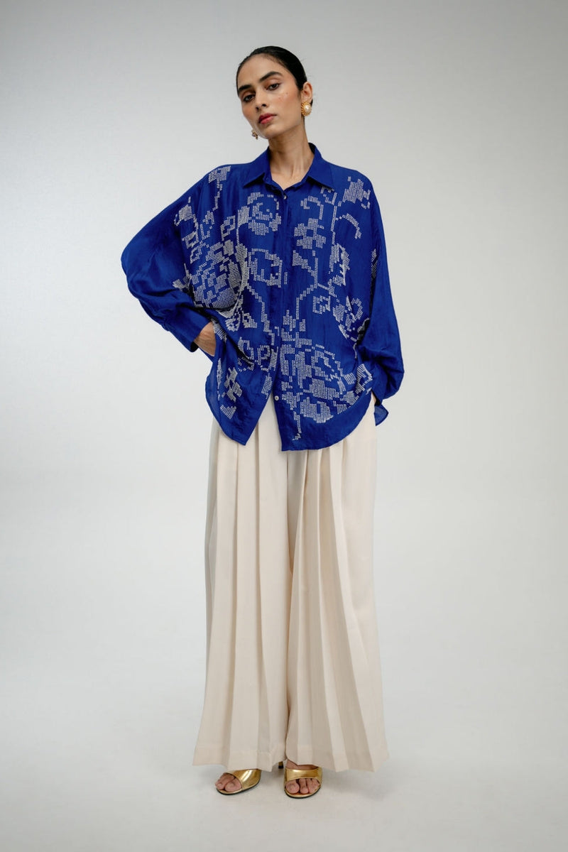 Old Charm Shirt mulberry silk top/shirt by Ode to Odd in blue for women in Singapore