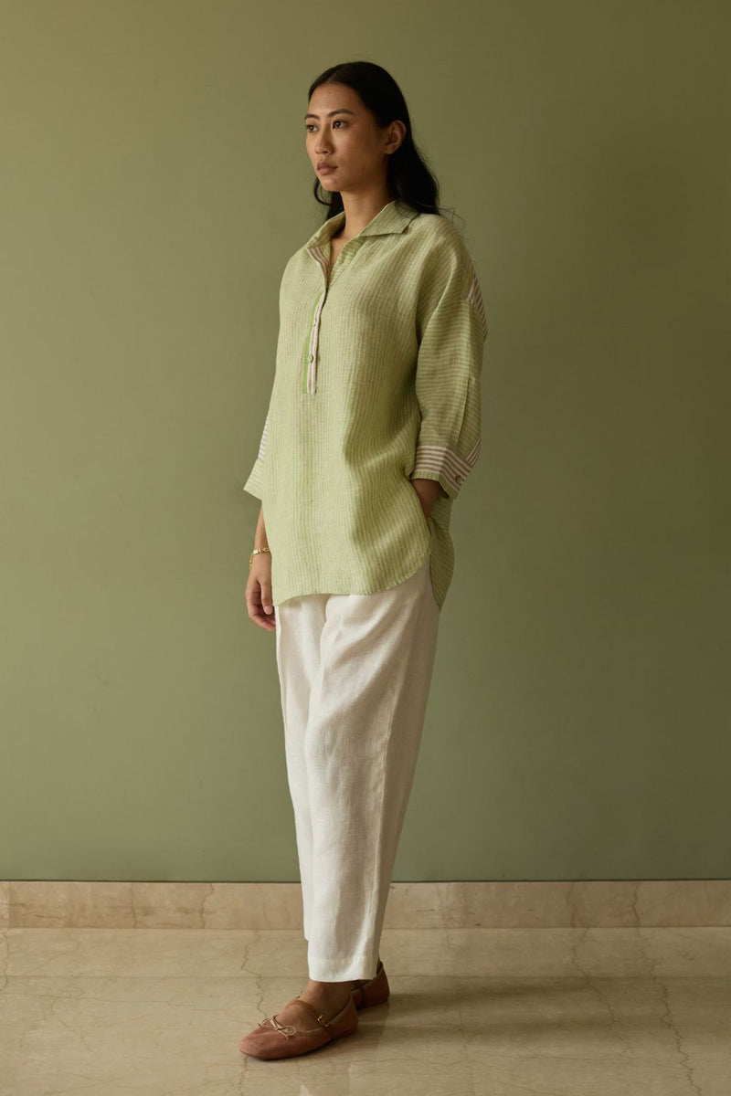 Risa Stripe Linen Co-ord Set-Meadow linen by Manan in green color for women in Singapore