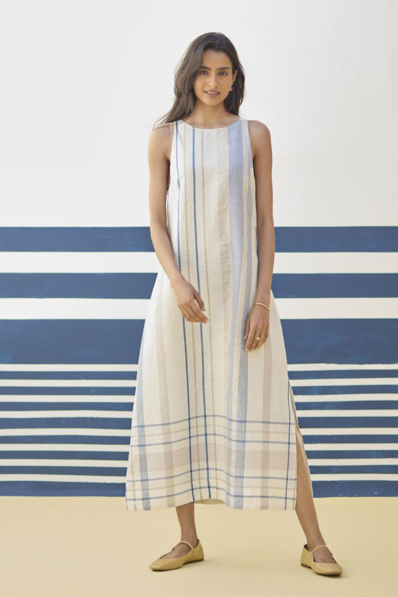 Inara Modern Check Linen Dress
- Ivory linen by Manan in ivory color for women in Singapore
