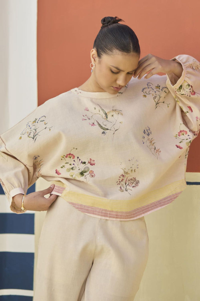 Myra Watercolor Floral Top - Sand linen by Manan in natural color for women in Singapore