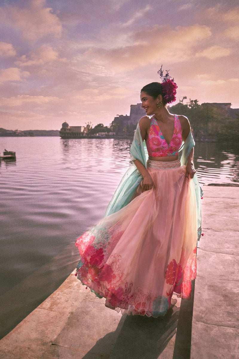 GUL NUDE PINK FLORAL LAHENGA SET organza by Rajiramniq for women in Singapore