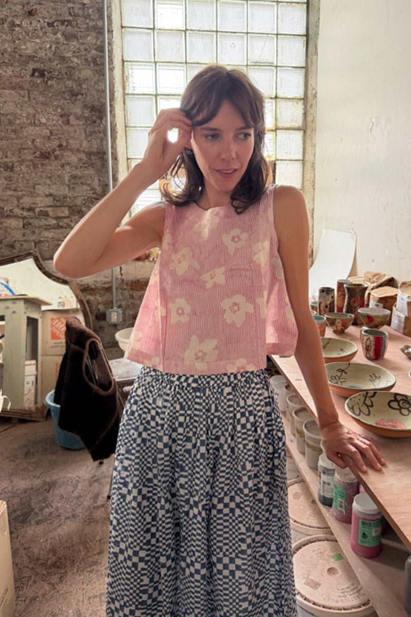 Swing Top-Pink Floral hand block printed cotton top/shirt by World of Crow in pink for women in Singapore
