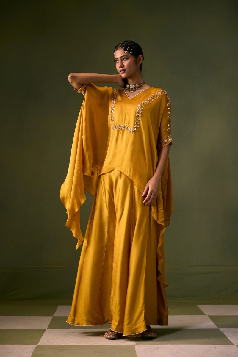 Cove Antifit Asymmetric Top with Flared Pants vegan satin, organza satin indo-western by PRAHNAAYA in musturd yellow for women in Singapore