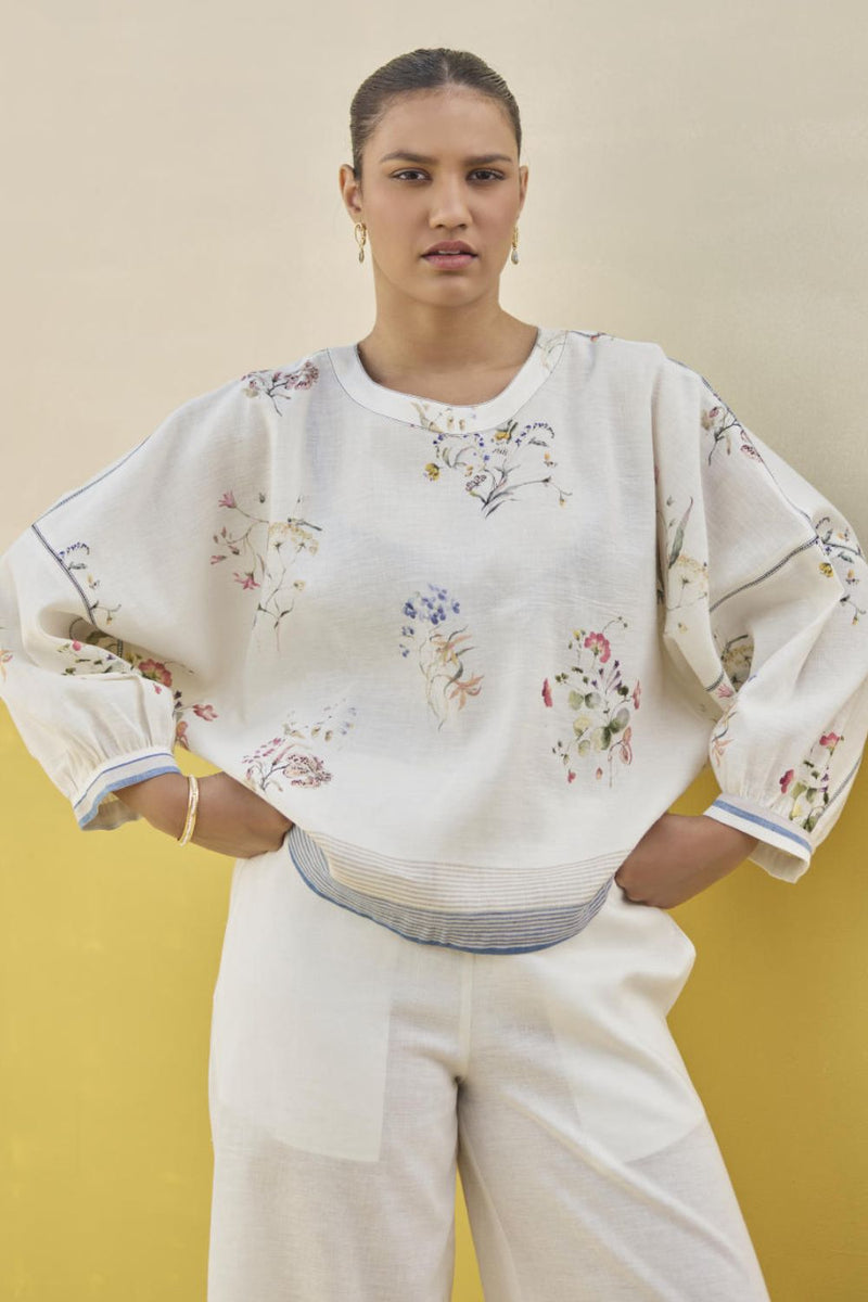 Myra Watercolor Floral Top - Ivory linen by Manan in ivory color for women in Singapore