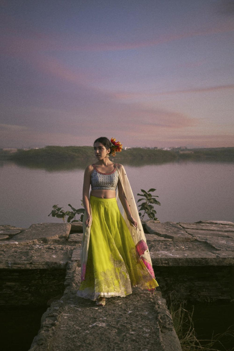 GUL BRIGHT GREEN FLORAL LAHENGA SET organza by Rajiramniq for women in Singapore
