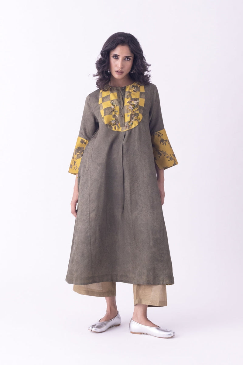 Aari-Kurta silk cotton satin kurta/kurta set by Shades of India in olive for women in Singapore
