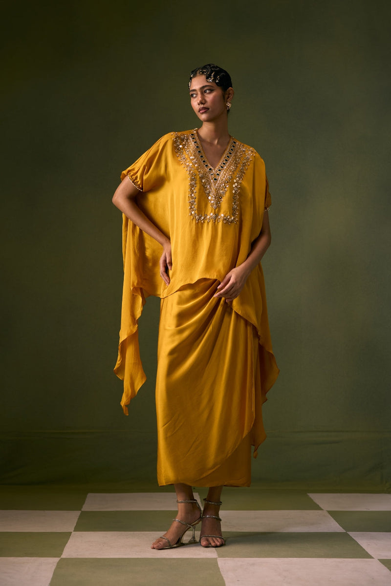 Cove Antifit Asymmetric Top with Wrap Skirt vegan satin, organza satin indo-western by PRAHNAAYA in musturd yellow for women in Singapore