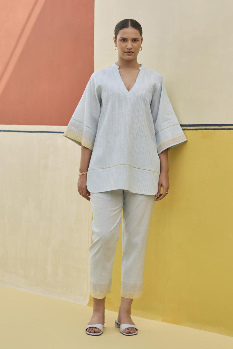 Neri Pintuck Border Linen Top - Sky linen by Manan in blue color for women in Singapore