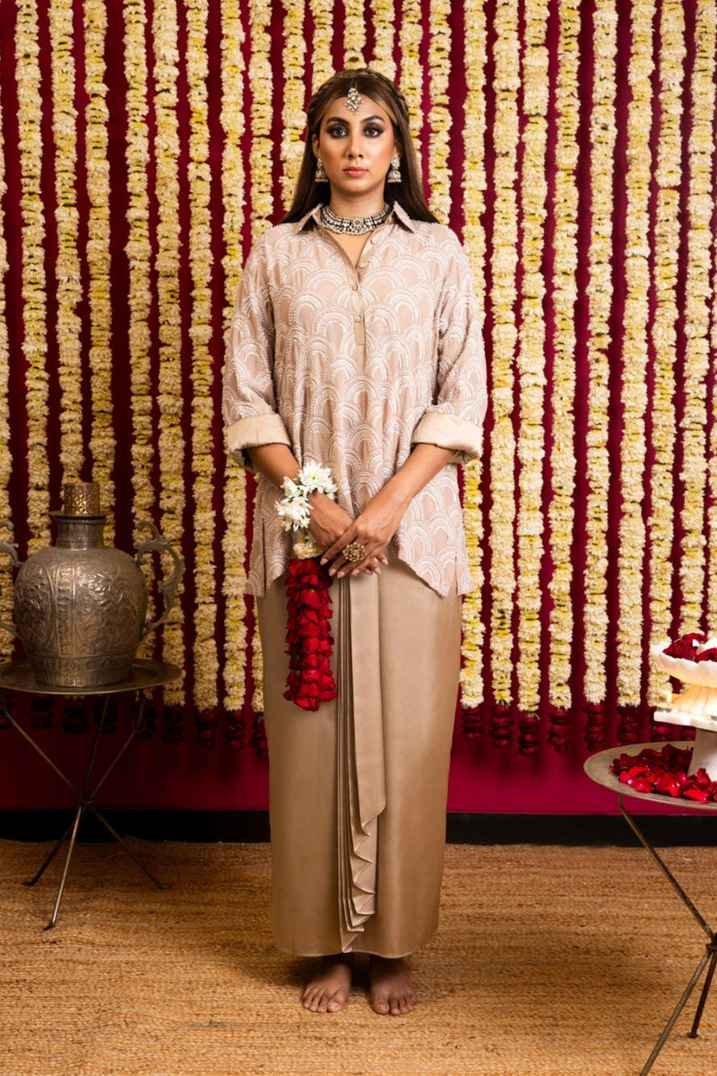 Katdaana Shirt & Skirt Set-Nude katdaana kurta/kurta set by Sabo by Sabina in beige for women in Singapore